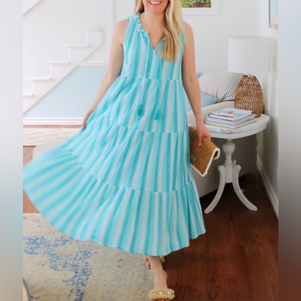 Tuckernuck | Women's Aquamarine Striped Salty Paloma Caftan Tiered Dress Size XS